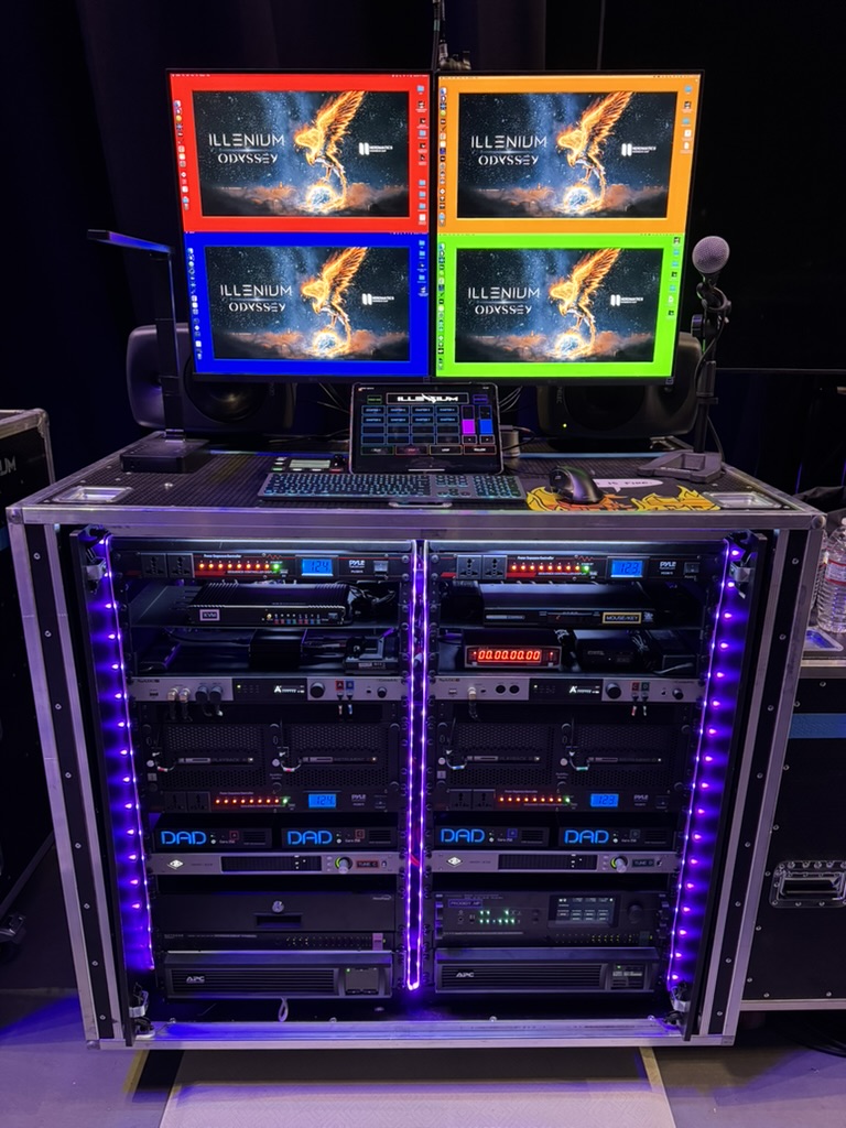 Illenium's 28ch redundant playback rig, featuring a PRODIGY.MP
