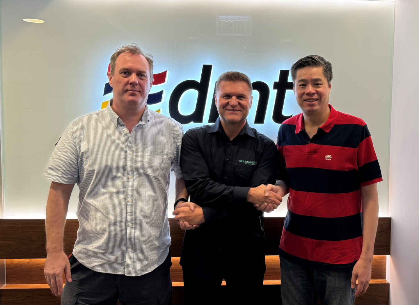 from the left Chris Fish, Technical Director of DMT, Luca Giaroli Chief Solution Officer at DirectOut, Desmond Stou, General Manager of DMT