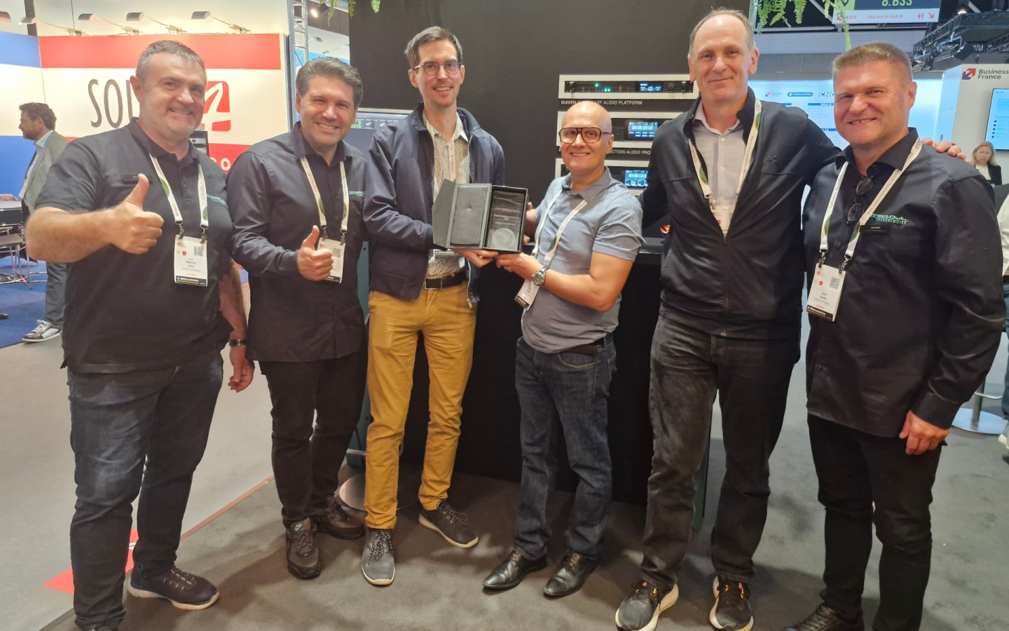 The DirectOut team presents Pilote Films with the 2025 Distributor Awards during IBC 2026